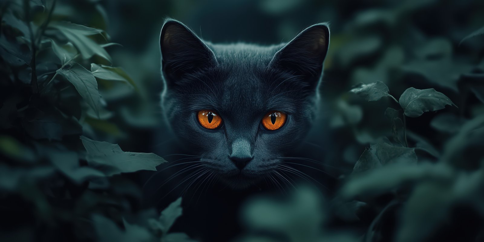 Mysterious black cat with bright orange eyes resting among lush green foliage at night